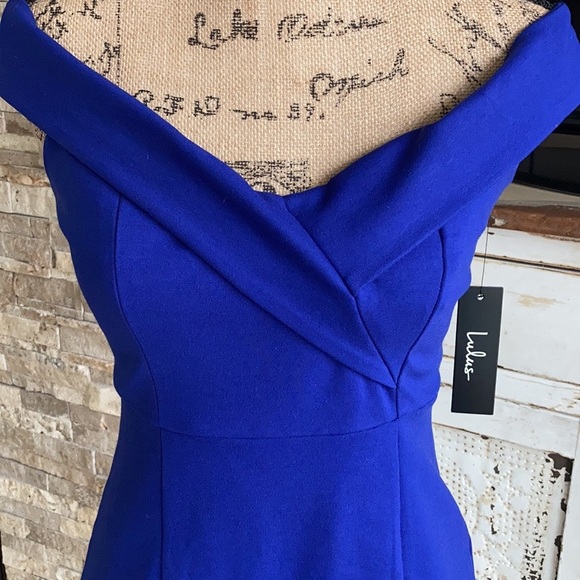 Lulu’s Classic Glam blue off-the-shoulder zip back leg slit body con dress - Picture 5 of 16